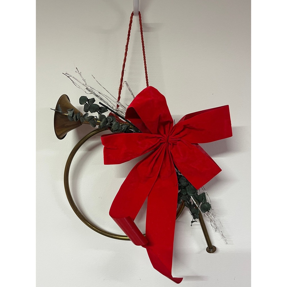 Brass French Horn Christmas Wreath Red Velvet Bow Eucalyptus 20" Vtg holiday
